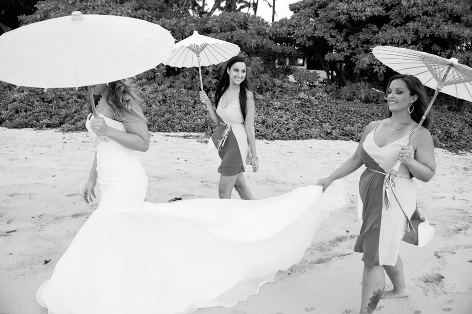 Bridesmaids with Umbrellas on Laie Beach