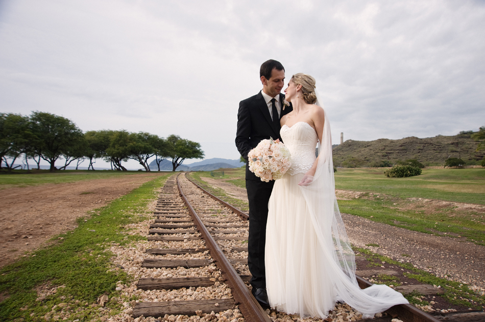 Bride and Groom at Koolina Train Tracks