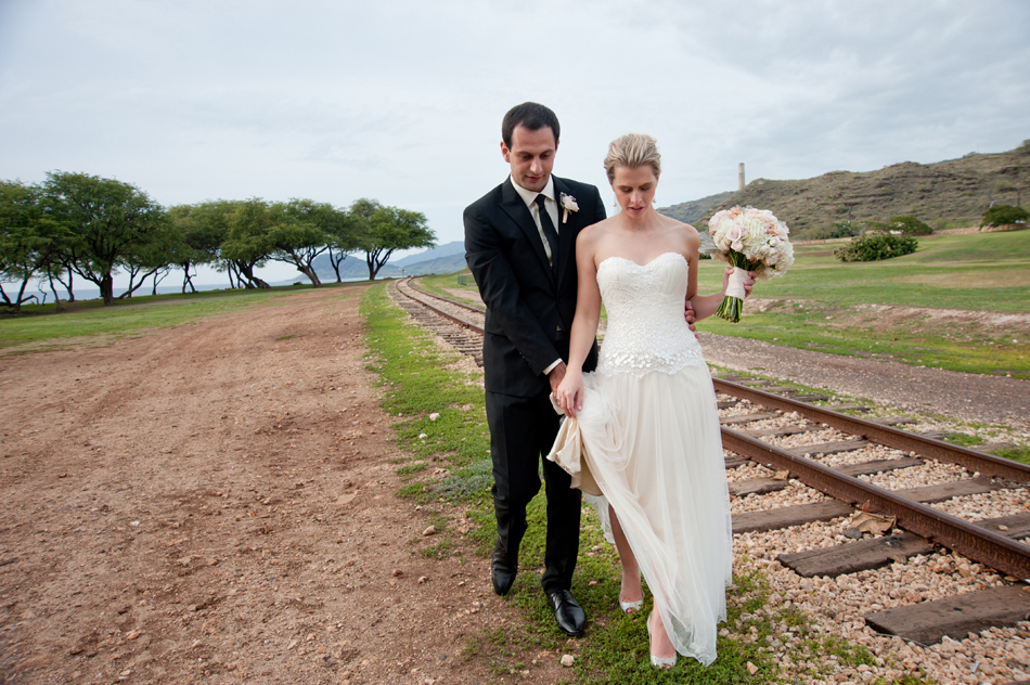 Bride and Groom along Train Tracks by Paradise Cove