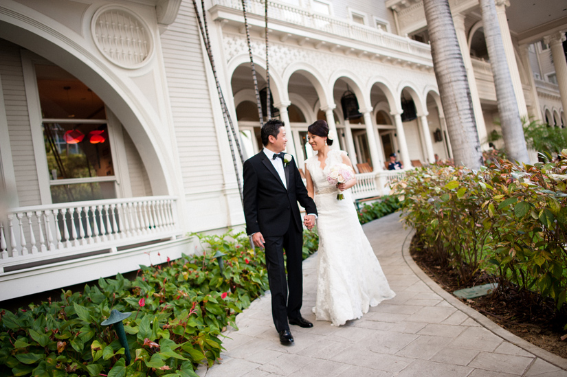 Bride and Groom outside Moana Hotel
