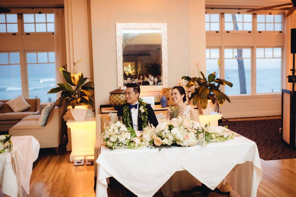 Bride and Groom on Sweetheart Table at Moana Grand Salon