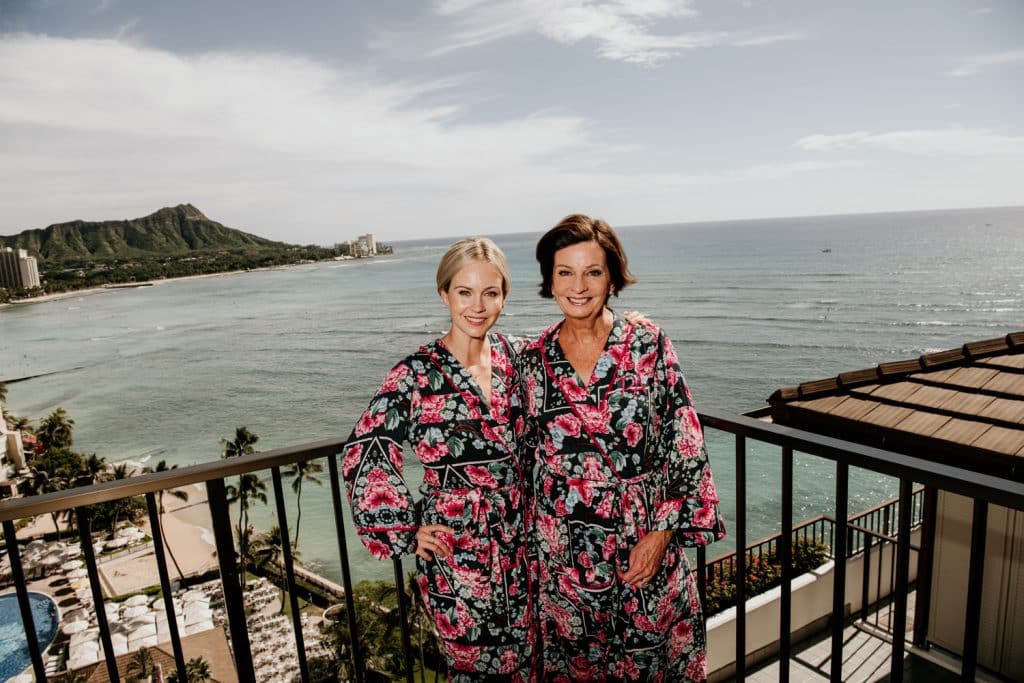 Bride and Mother of Bride at Halekulani Hotel with Diamond Head in Background