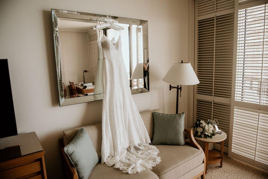 Bride's Gown photographed on mirror of Halekulani Suite