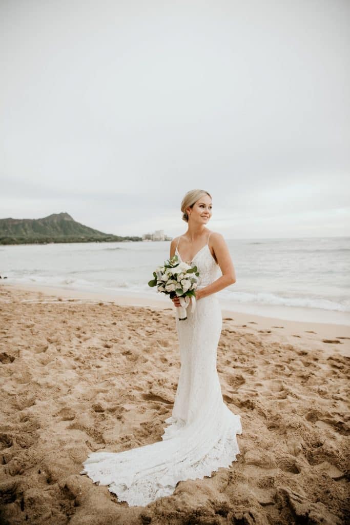 Bridal Portrait on Beach with Diamond Head in Background