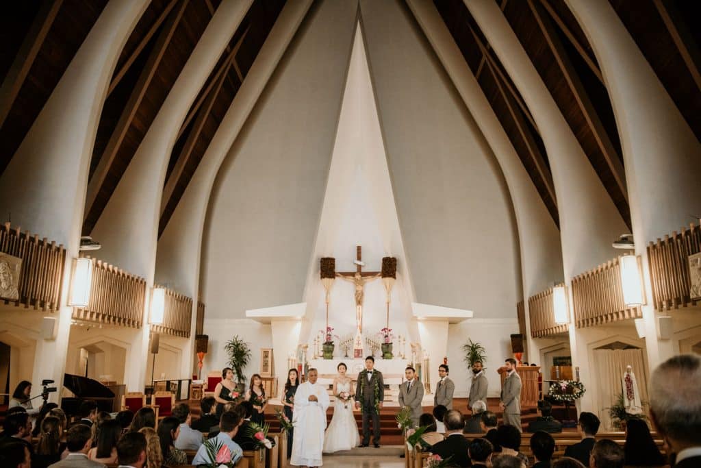 Inside of St. Augustine Church Wedding Ceremony in Waikiki, Honolulu, Oahu, Hawaii