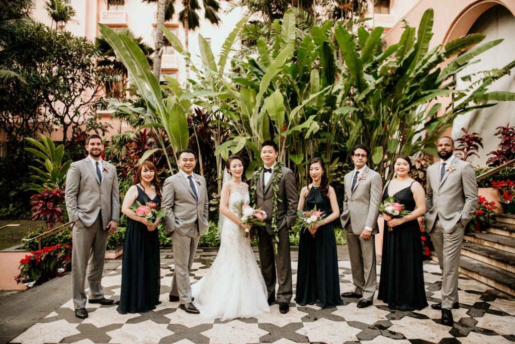 Bridal Party on Criss Cross Tile of Coconut Grove area of Royal Hawaiian Hotel