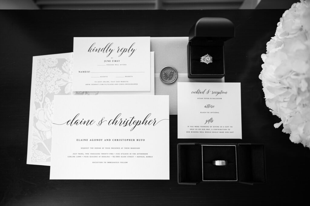 Black and White image of letter press wedding invitations