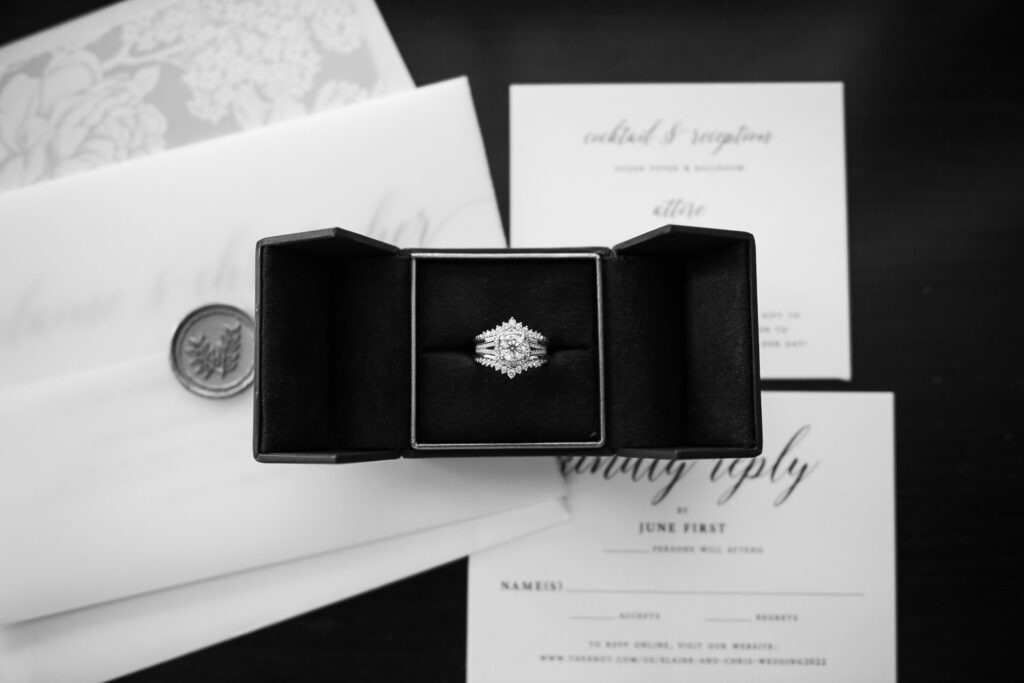 Black and White image of Engagement Ring in a ring box