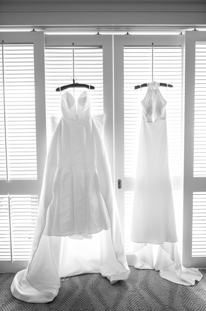 Black and White image of Wedding Dress and Reception Dress at Four Seasons Oahu Suite