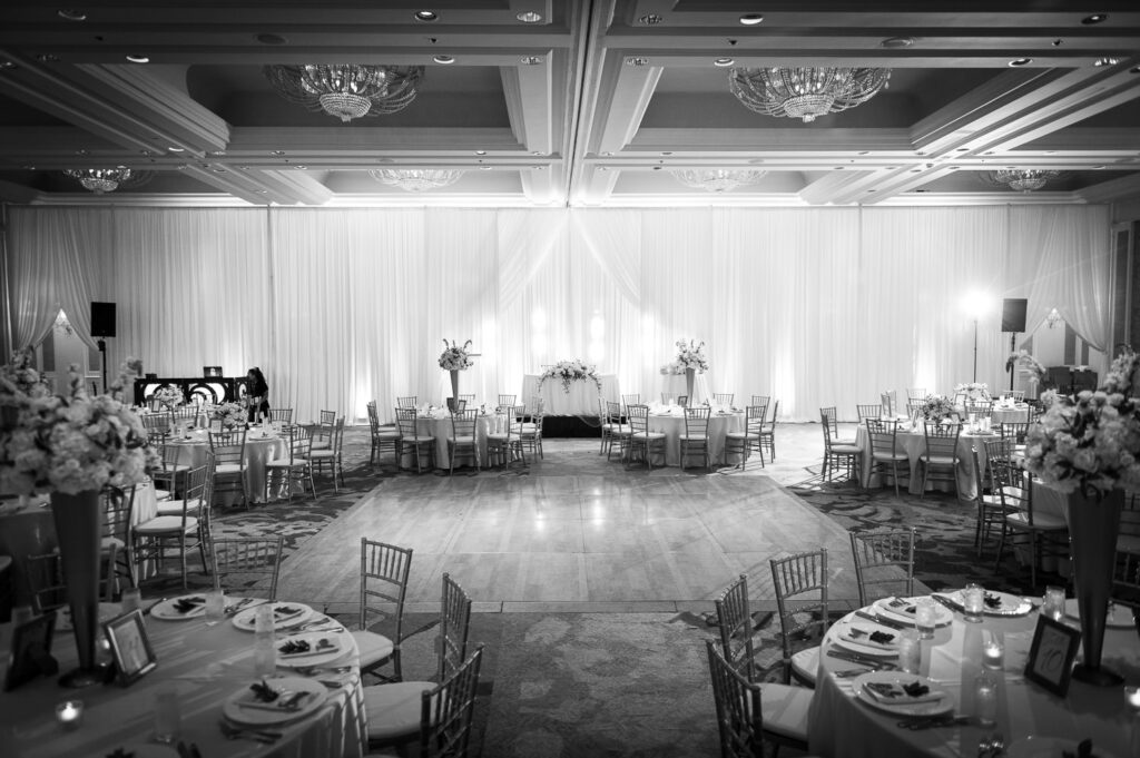 Black and White image of interior of Ocean Ballroom at the Four Seasons Oahu.