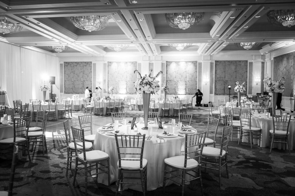 Black and White image of wedding details at Ocean Ballroom at FS Oahu