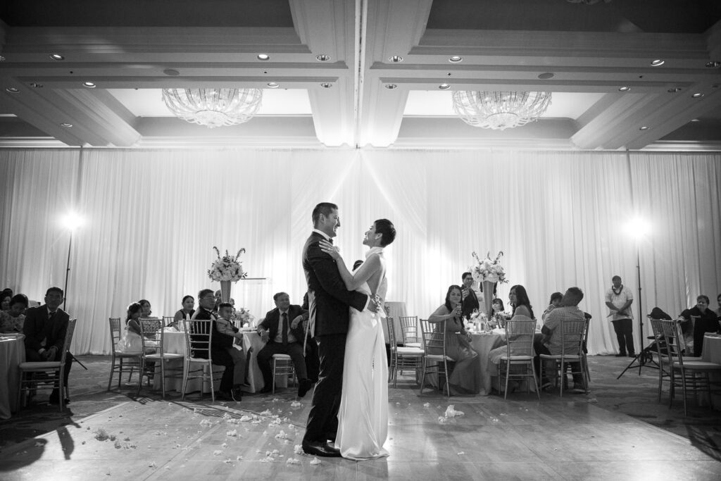 Black and White image of first dance at Ocean Ballroom at Four Seasons Oahu.