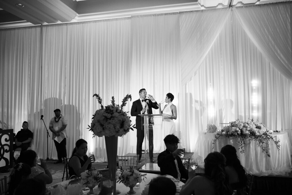 Black and White image of Wedding Reception speech at FS Oahu.