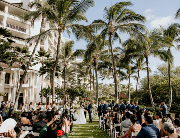 Wedding Ceremony at the Lurline lawn with green palm trees and blue skies.