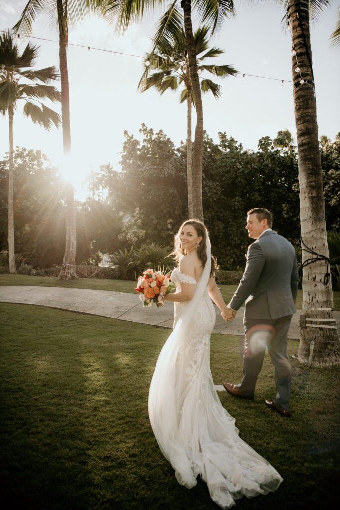Bride and Groom backlit portrait at the Lurline Lawn with sun stars.