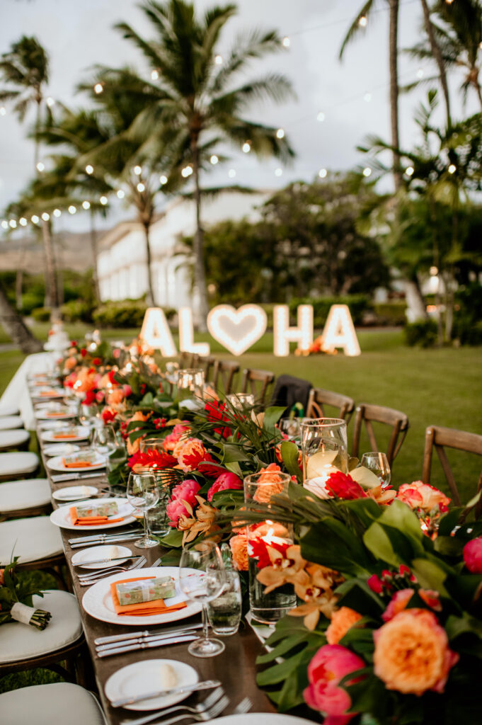 Designed with Aloha lit up sign for wedding reception.