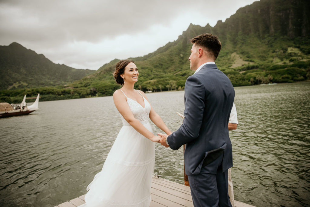 Bride and Groom Exchange Vows on Dock at Secret Island