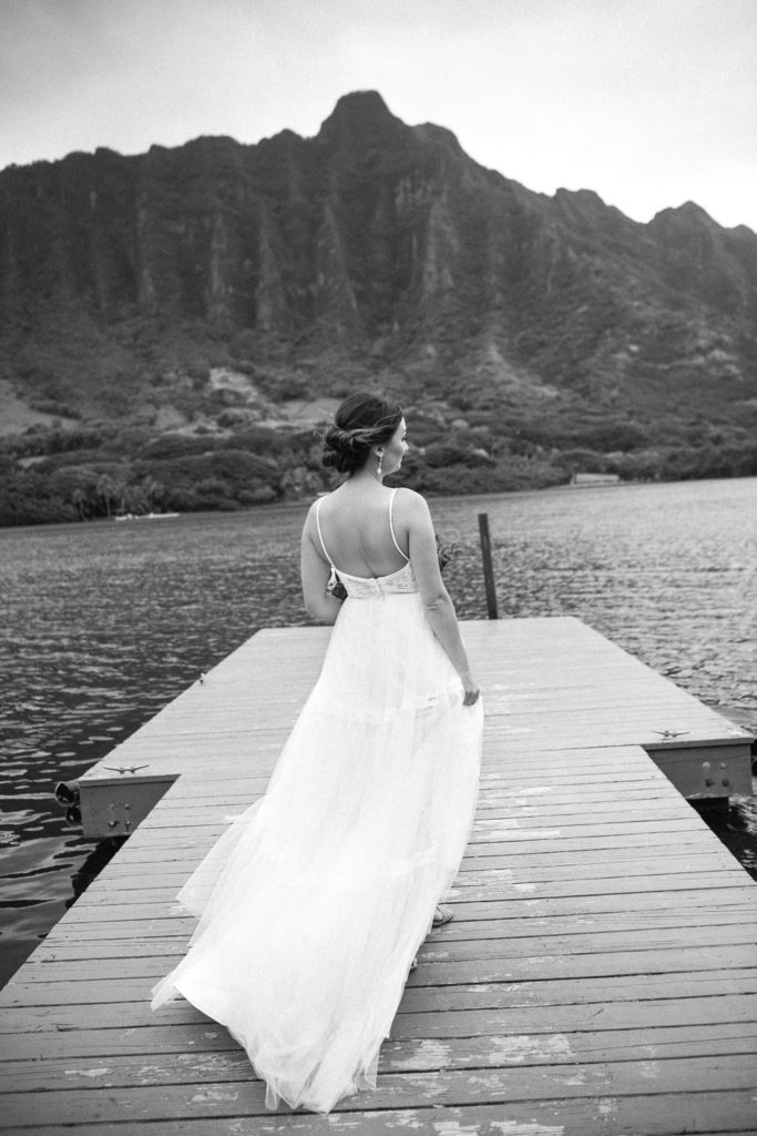 Black and White Bridal Portrait on Dock of Secret Island, Kaneohe