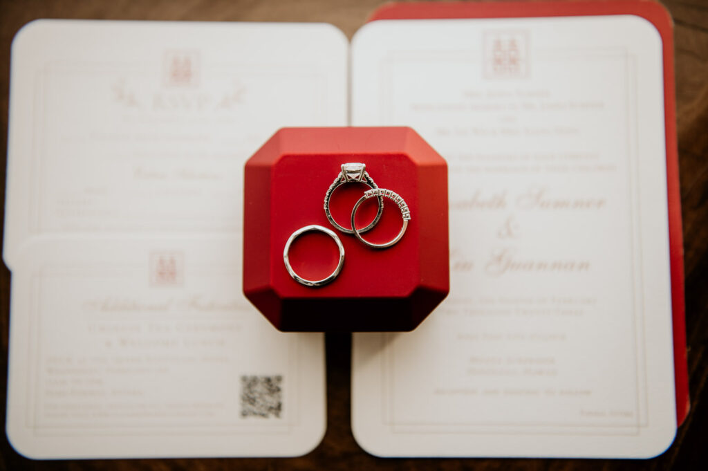 Wedding and Engagement Rings on Ring Box and Wedding invitation.