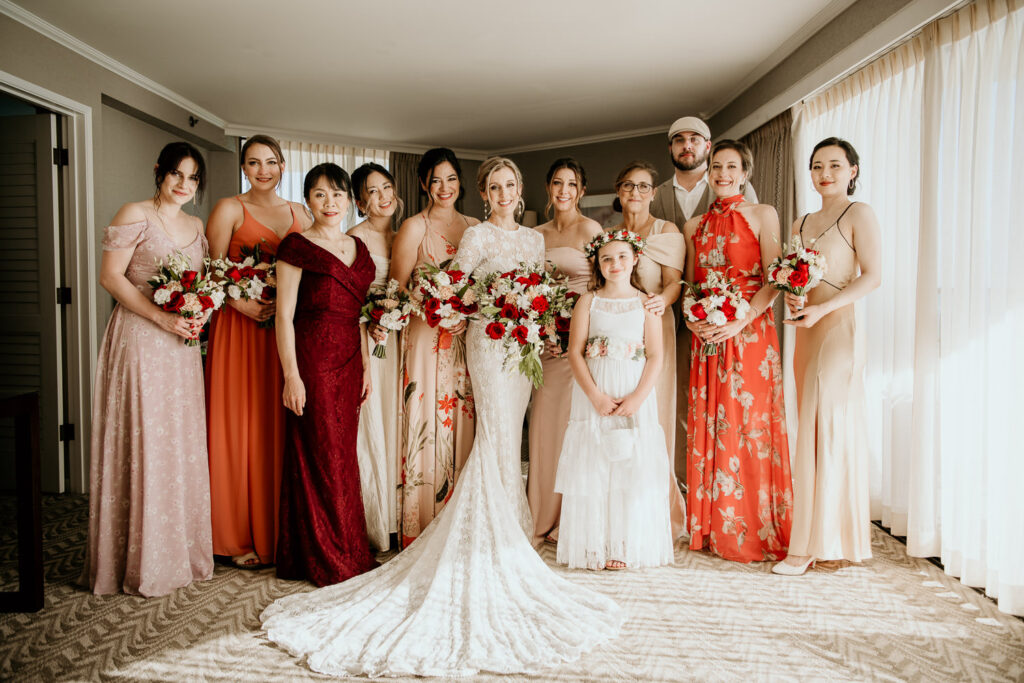 Bride with her bridesmaids in the hotel suite at the Moana Surfrider.
