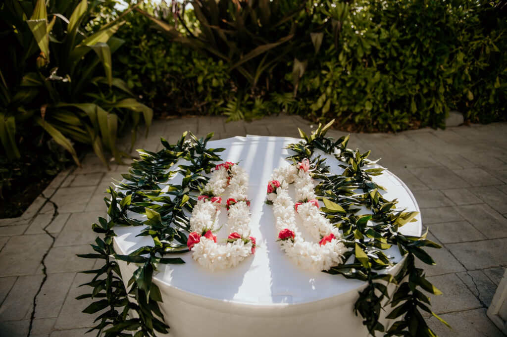 The leis for the wedding ceremony at the Moana Surfrider.