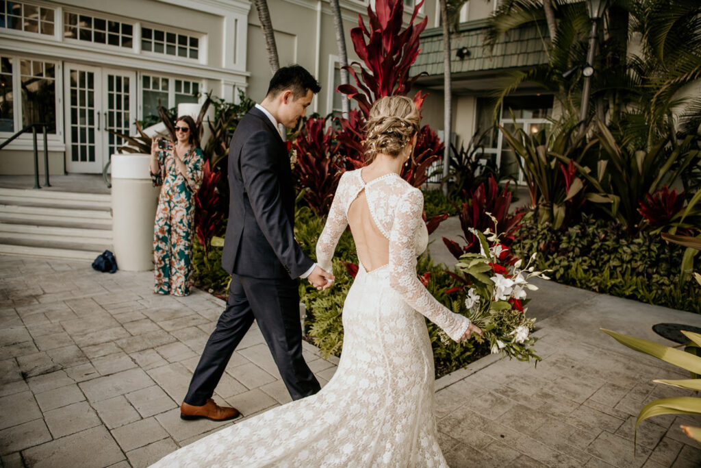 Bride and Groom Recessional at the Moana Surfrider.