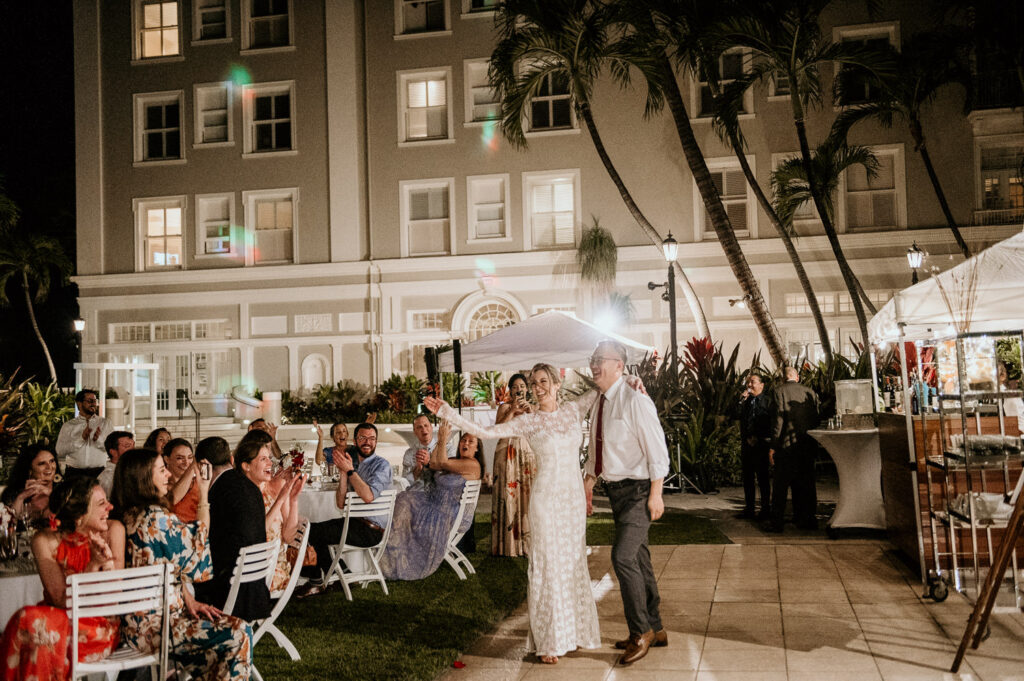 Bride and Father of Groom dance at the Moana Surfrider.